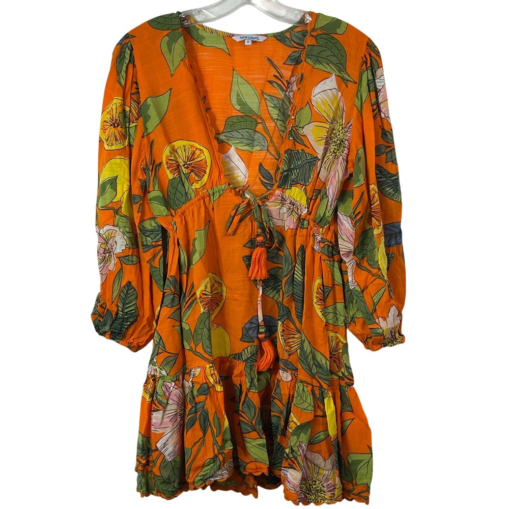 Blue‎ Island Orange Citrus Floral Tie Front Tassel Mini Dress Small Covrup
